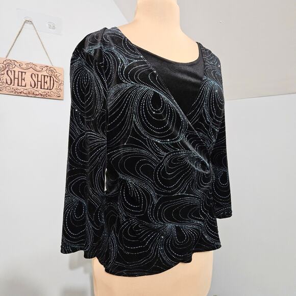 Notations Top Black Aqua Rhinestone Beaded Twofer Crushed Velvet Wrap Buckle PXL - Picture 3 of 11